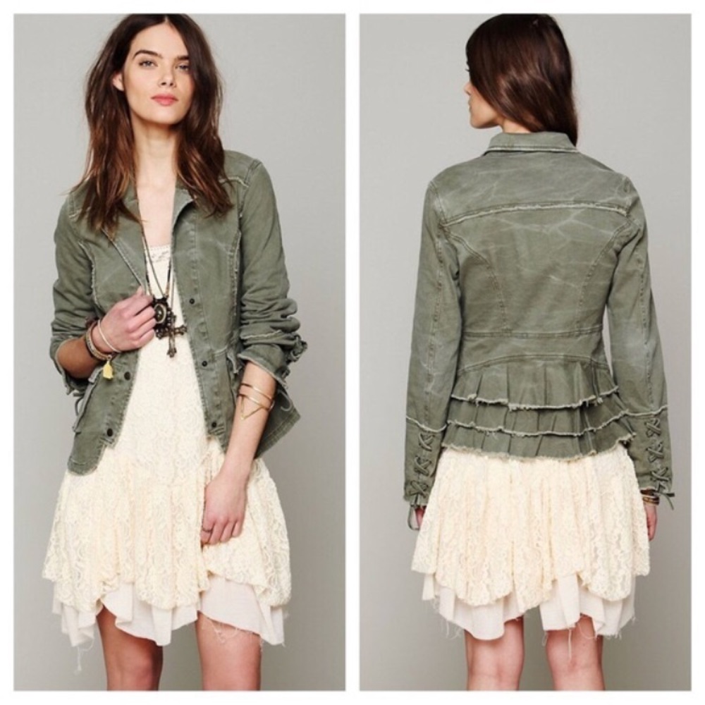 Free People Distressed Back Ruffle Army Jacket